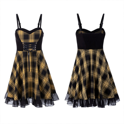 Stitched plaid braces skirt