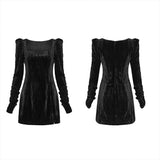 Textured velvet square collar package hip dress