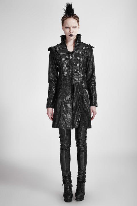 Fashion Black Long Leather Punk Trench Coats With Standing Collar