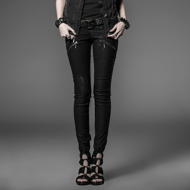 Long Women Punk Pants In Sexy Black With Dark Chain Printed