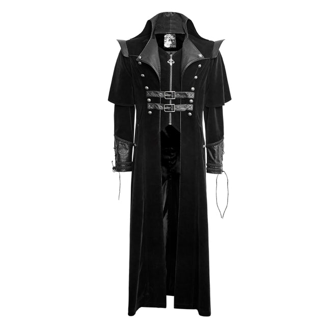 Military Black Leather Long Gothic Trench Coats With Belts