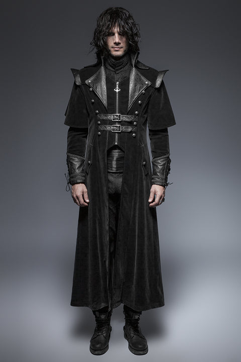 Military Black Leather Long Gothic Trench Coats With Belts