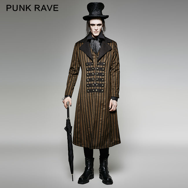 Yellow And Black Vertical Stripe Punk Coat With A Lapel