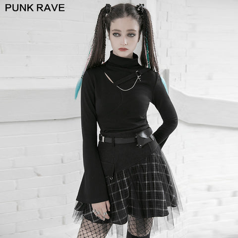 "PUNK" series mesh stitched plaid high-waisted skirt