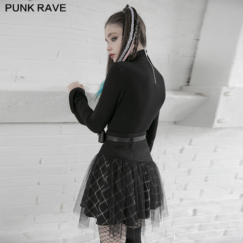 "PUNK" series mesh stitched plaid high-waisted skirt