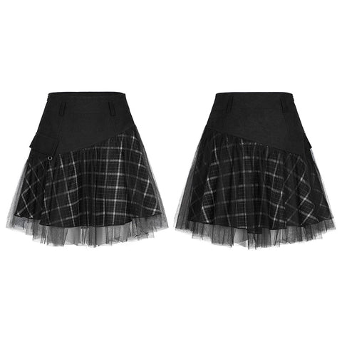 "PUNK" series mesh stitched plaid high-waisted skirt