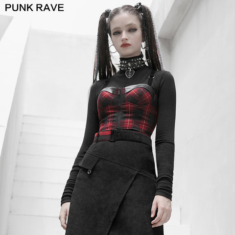 "PUNK" series plaid elastic shoulder strap corset vest