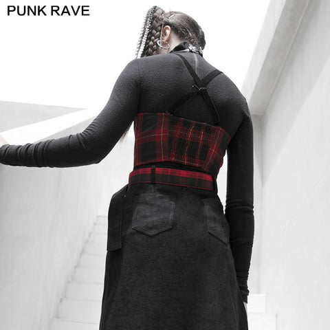 "PUNK" series plaid elastic shoulder strap corset vest