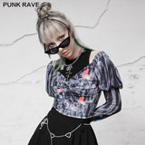 Square-cut collar stretch mesh printed Top