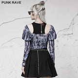 Square-cut collar stretch mesh printed Top