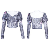 Square-cut collar stretch mesh printed Top