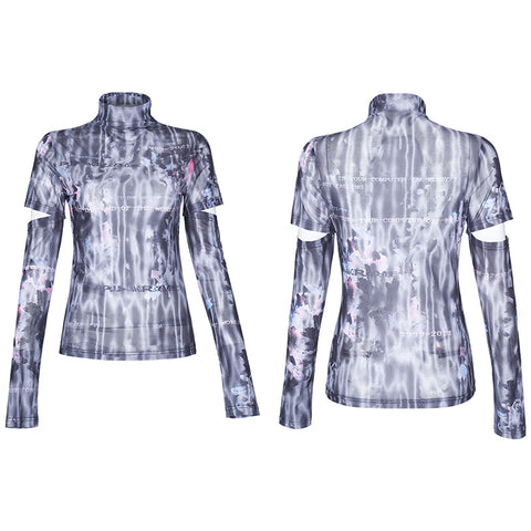 "Millennium E-Worm" high neck elastic mesh print top