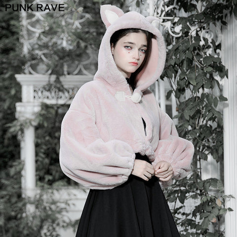 Cute ears drawstring cap short coat