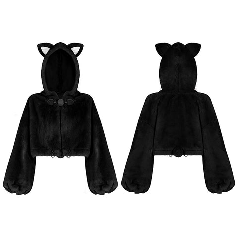 Cute ears drawstring cap short coat