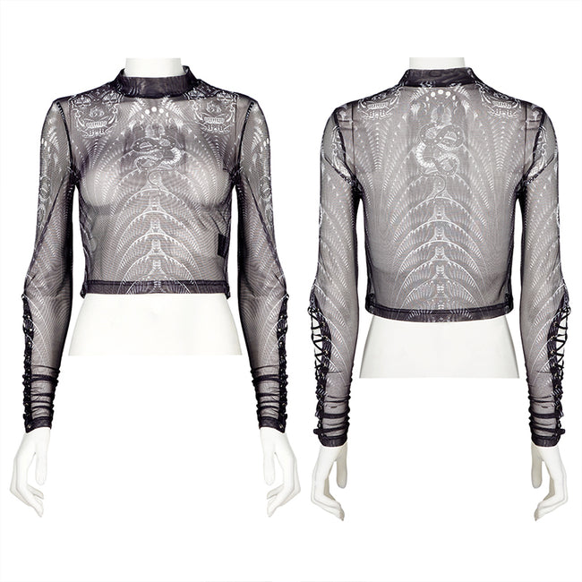 Gothic skeleton print mesh T-shirt