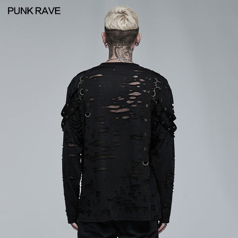 Goth Daily Wear Knited Broken Holes Long Sleeve T-shirt