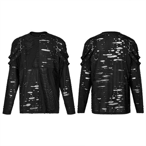 Goth Daily Wear Knited Broken Holes Long Sleeve T-shirt