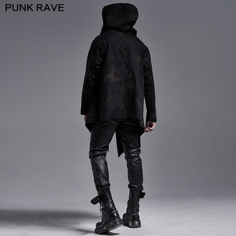 Dark printed medium-length coat